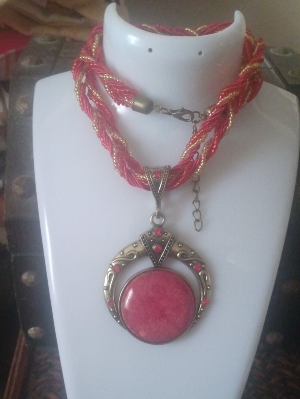 Bohemian Red Pendant Necklace with Braided Cord